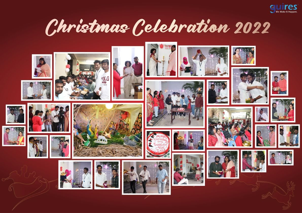 Christmas Celebration 2022 collage: lamp lighting, nativity crib, cake, performances and gift exchange at Guires