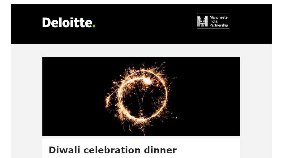 Deloitte and Manchester India Partnership Diwali celebration dinner invitation