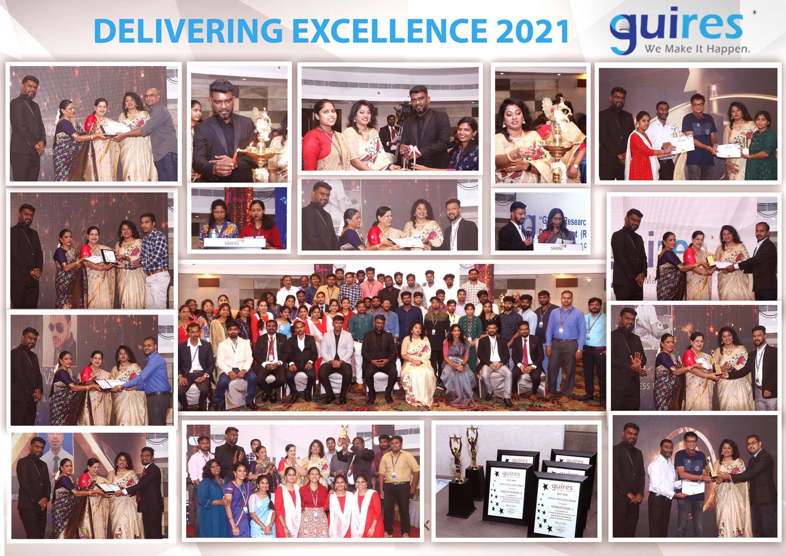 Delivering Excellence 2021 collage: service excellence awards and team celebrations at Guires