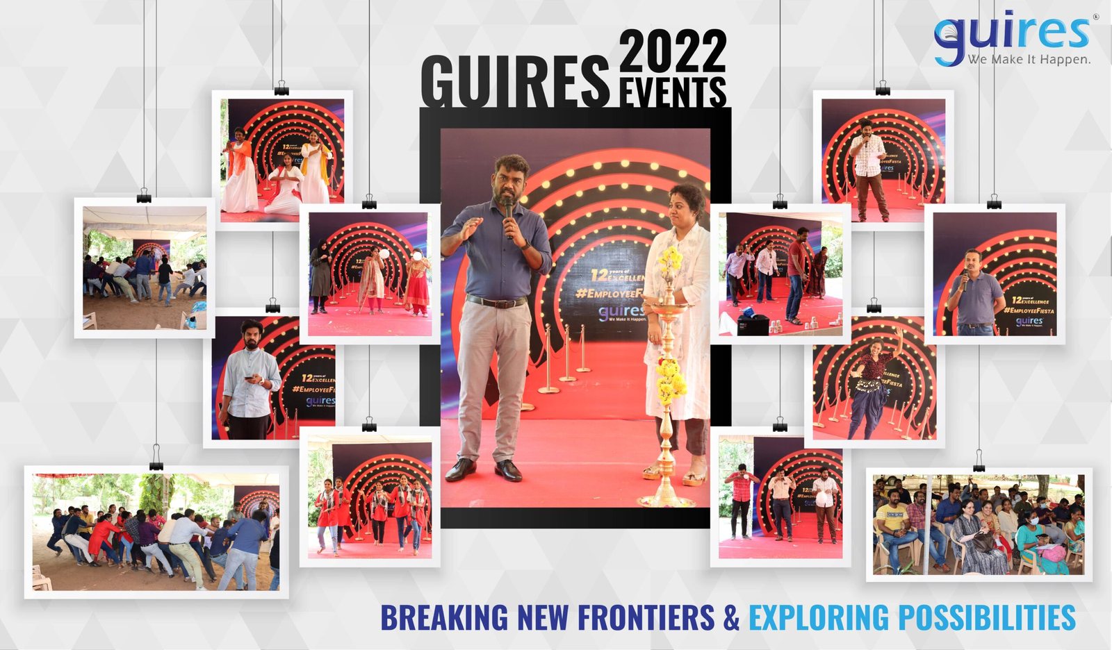 Guires 2022 events collage: lamp lighting, speeches, performances and team games at the 12th anniversary