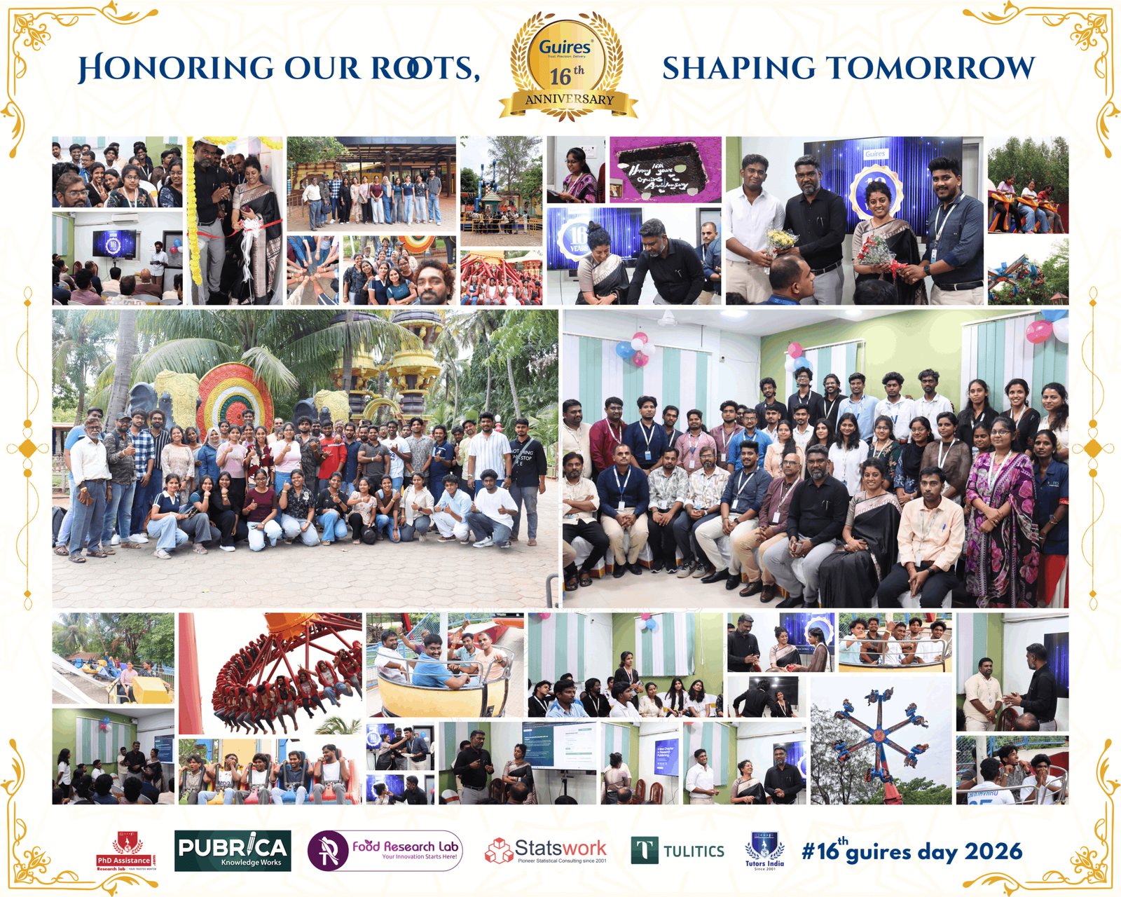 Guires 16th anniversary collage: Tulitics website launch, cafeteria inauguration, team photos and VGP day trip