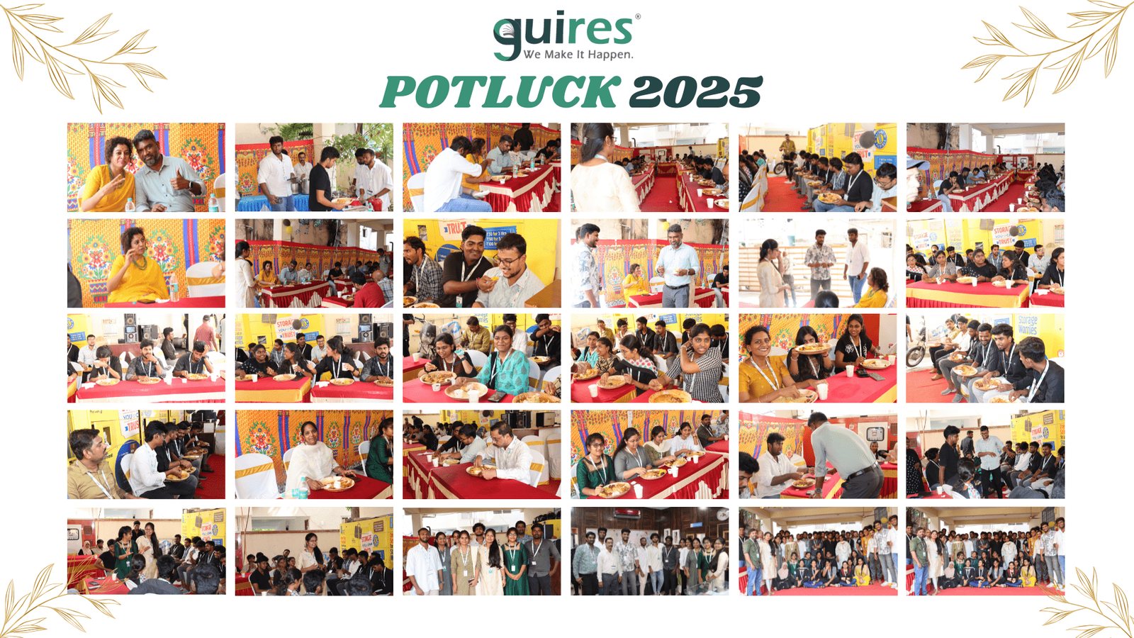 Guires Potluck 2025 collage: colleagues sharing home-cooked dishes and a team photo at the Chennai headquarters