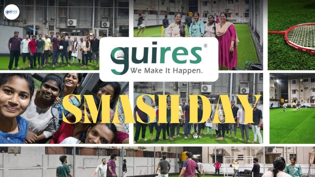 Guires Smash Day collage: colleagues playing cricket and badminton on a Chennai turf