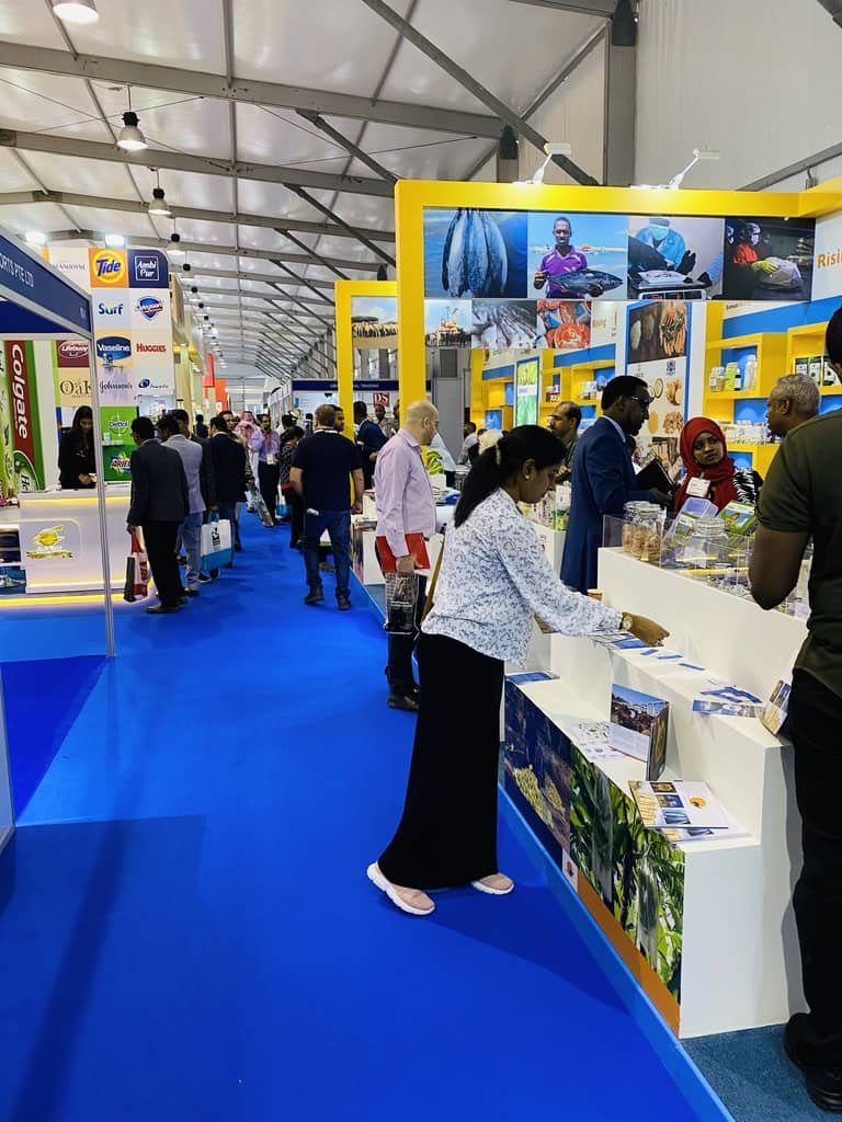 Exhibition hall aisle at Gulfood 2020 with food and consumer goods exhibitors