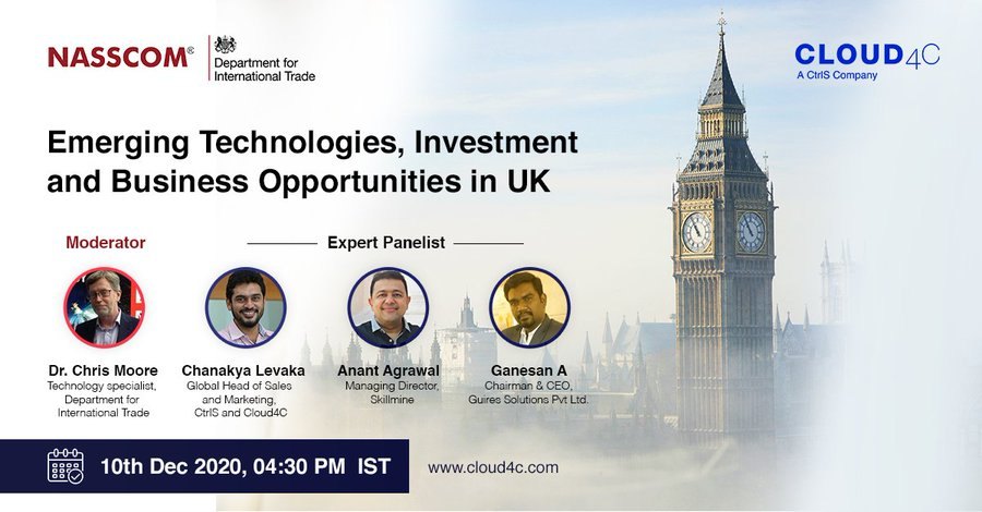 Webinar poster: Emerging Technologies, Investment and Business Opportunities in UK, NASSCOM and Department for International Trade, 10 December 2020