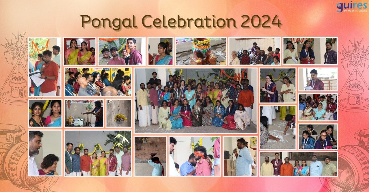 Pongal Celebration 2024 collage: Guires colleagues in traditional attire, rangoli, uriyadi, pongal pot and group photo