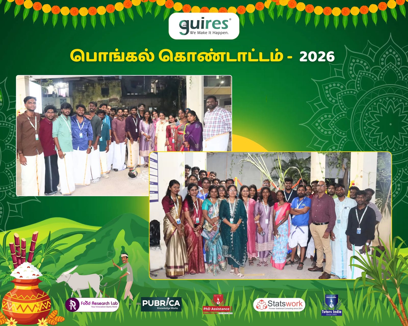 Guires teams in traditional veshtis and sarees at the Pongal 2026 celebration